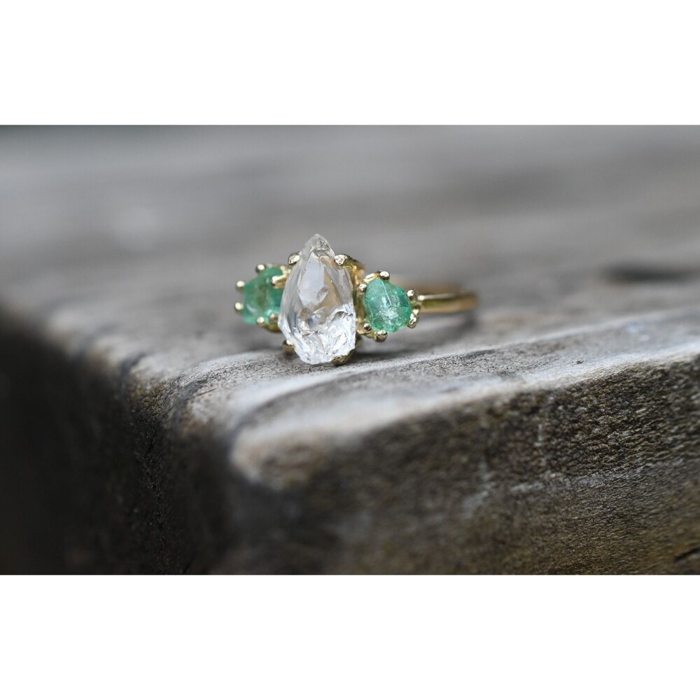 Engagement ring Raw emerald , raw Lake County diamond ring  size 4 5 6  7 8 9 10